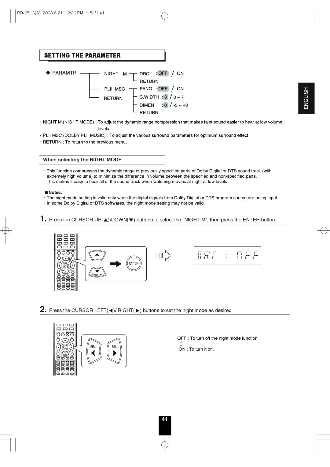 Sherwood RD-6513 manual Setting the Parameter, When selecting the Night Mode 