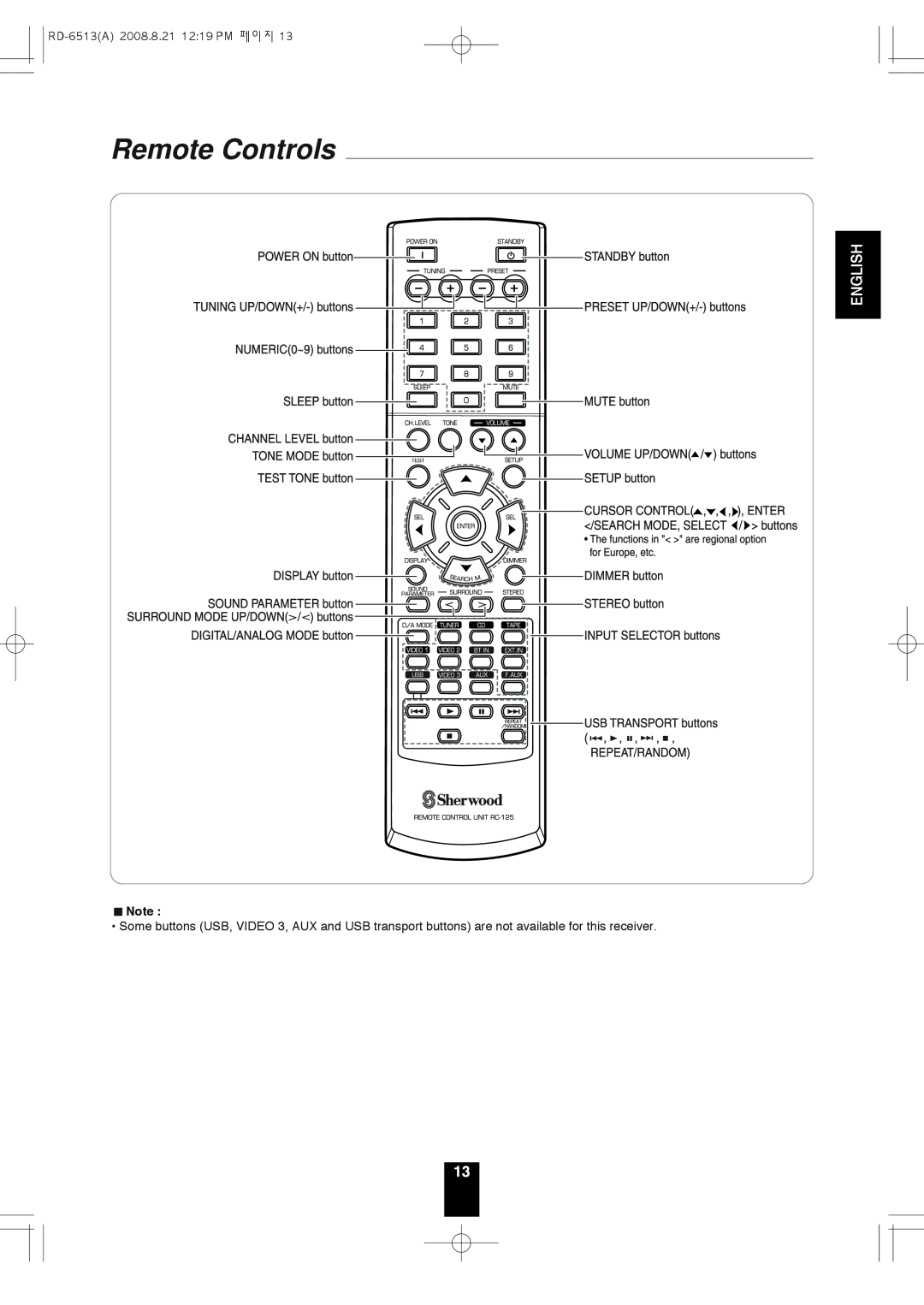 Sherwood manual Remote Controls, English, RD-6513A2008.8.21 12 19 PM 페이지 