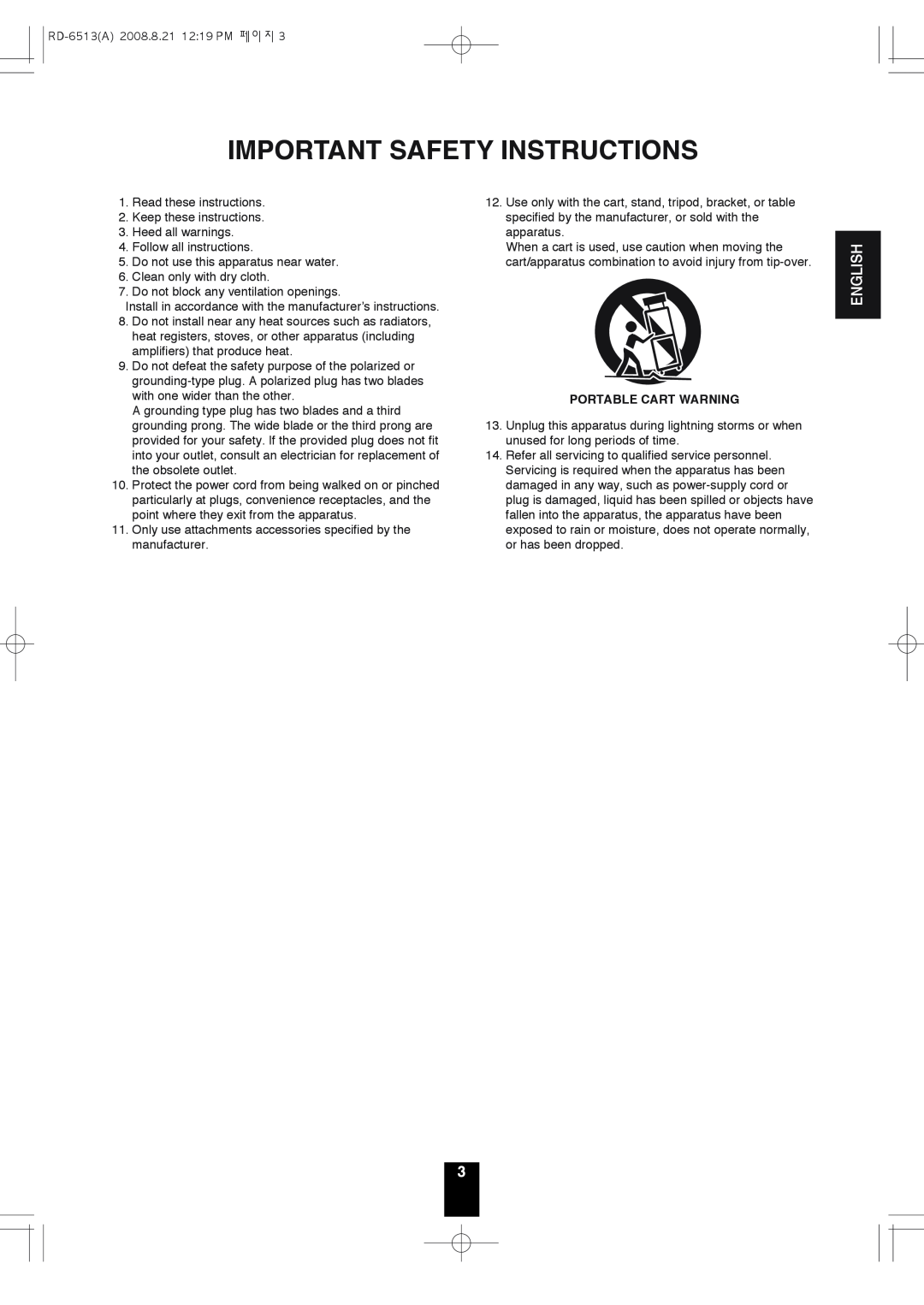 Sherwood RD-6513 manual English, Important Safety Instructions 