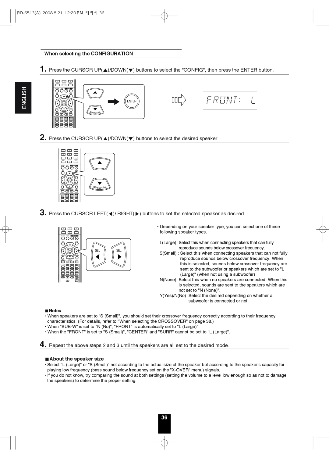 Sherwood RD-6513 manual When selecting the CONFIGURATION, About the speaker size, English 