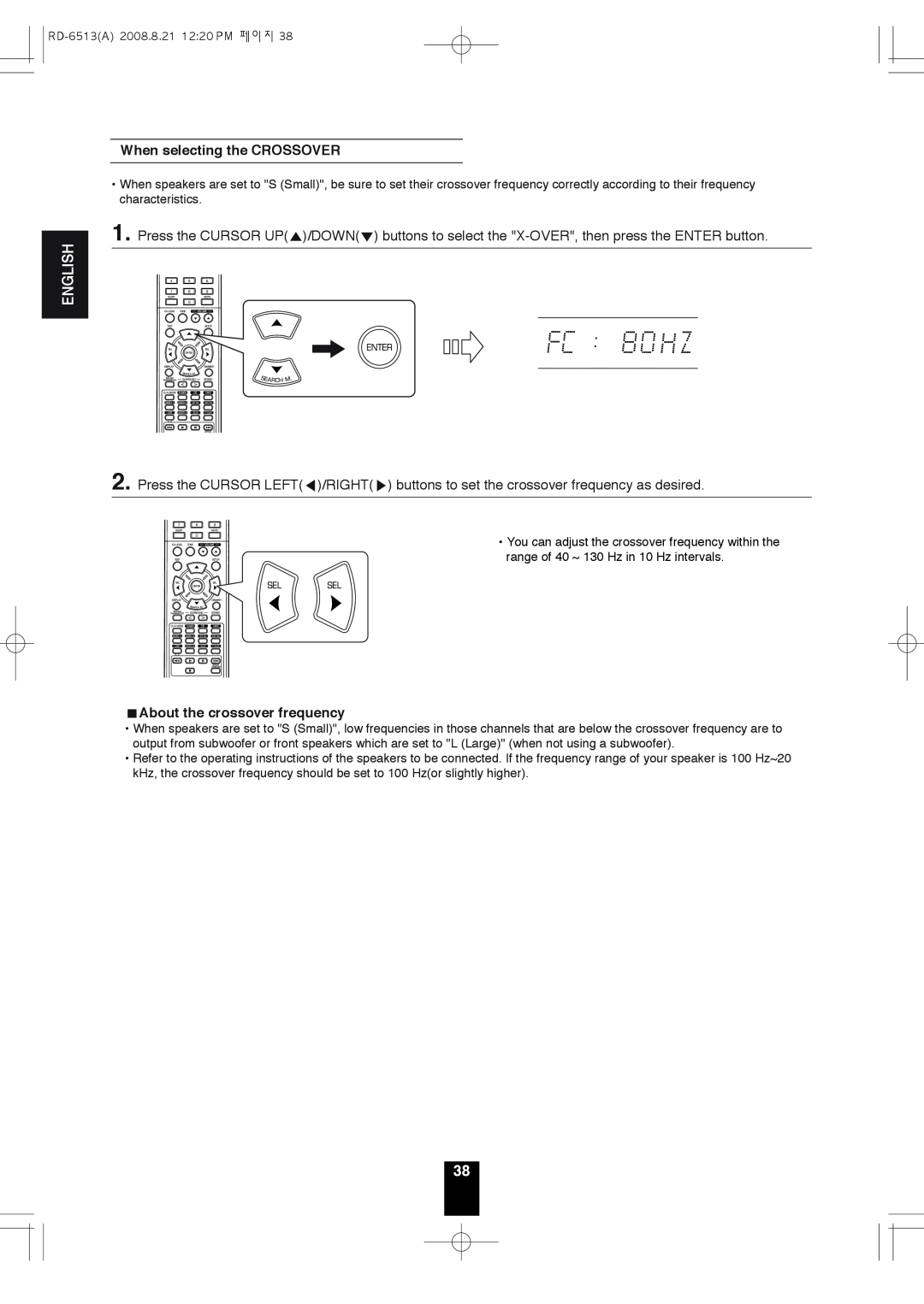 Sherwood RD-6513 manual When selecting the CROSSOVER, About the crossover frequency, English 