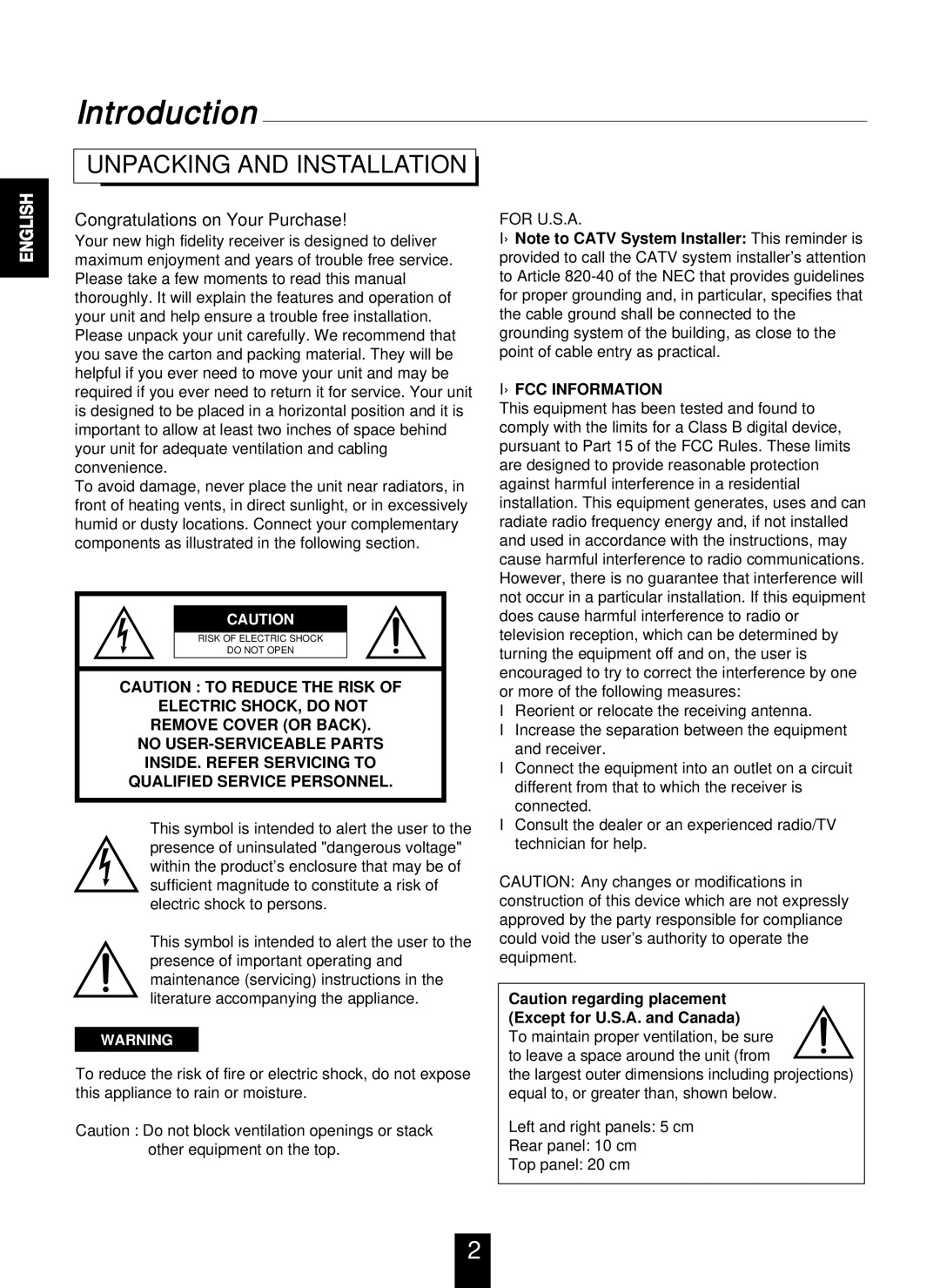 Sherwood RD-7103 manual Introduction, Unpacking and Installation 