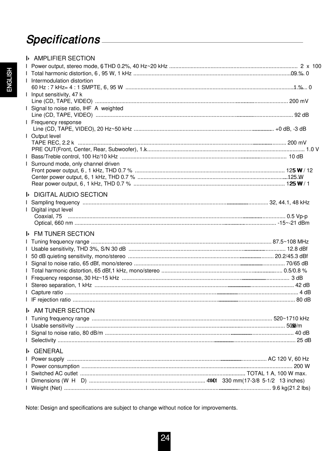 Sherwood RD-7103 manual Specifications, Amplifier Section 