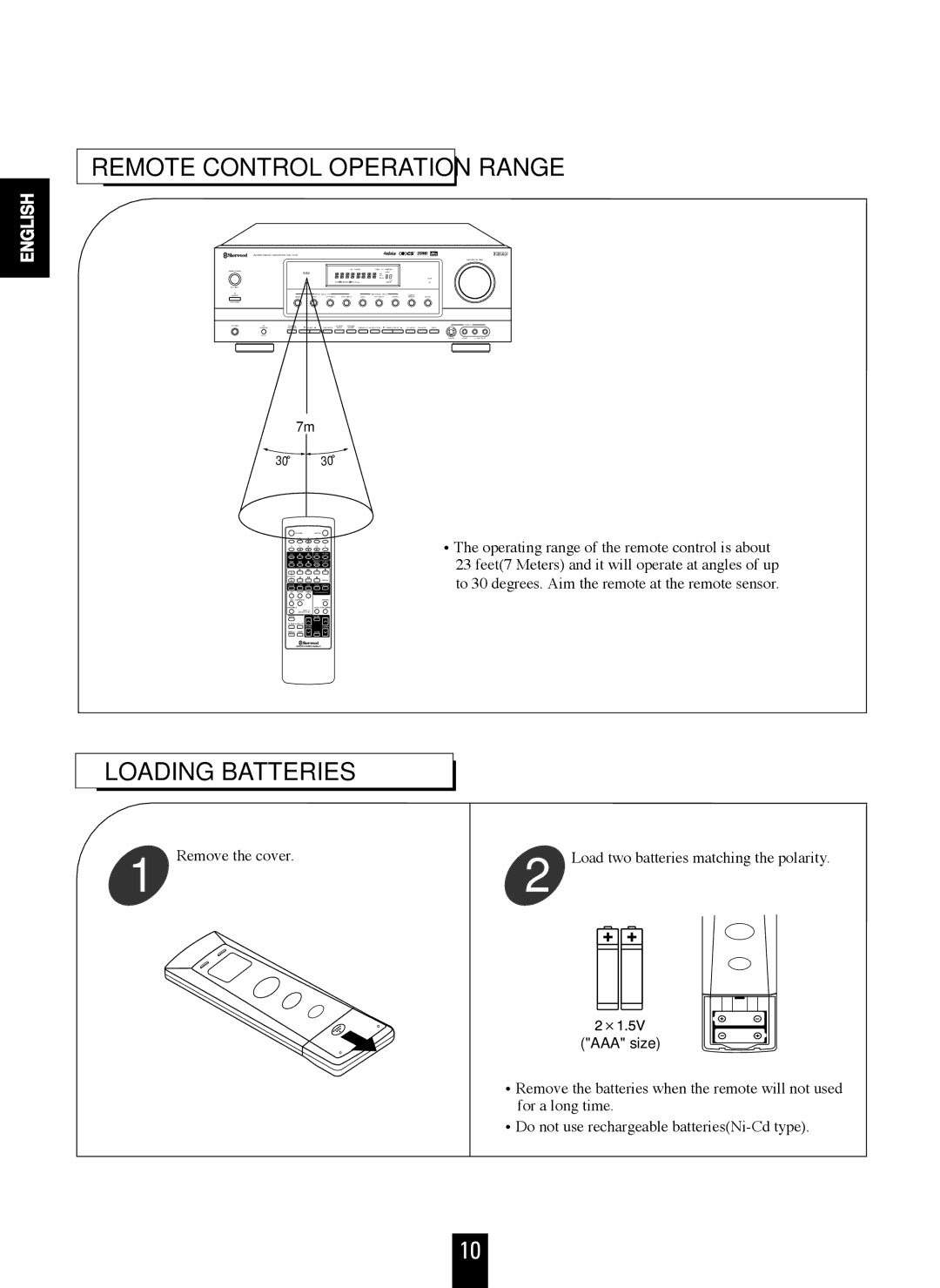 Sherwood RD-7106 manual Remote Control Operation Range, Loading Batteries 