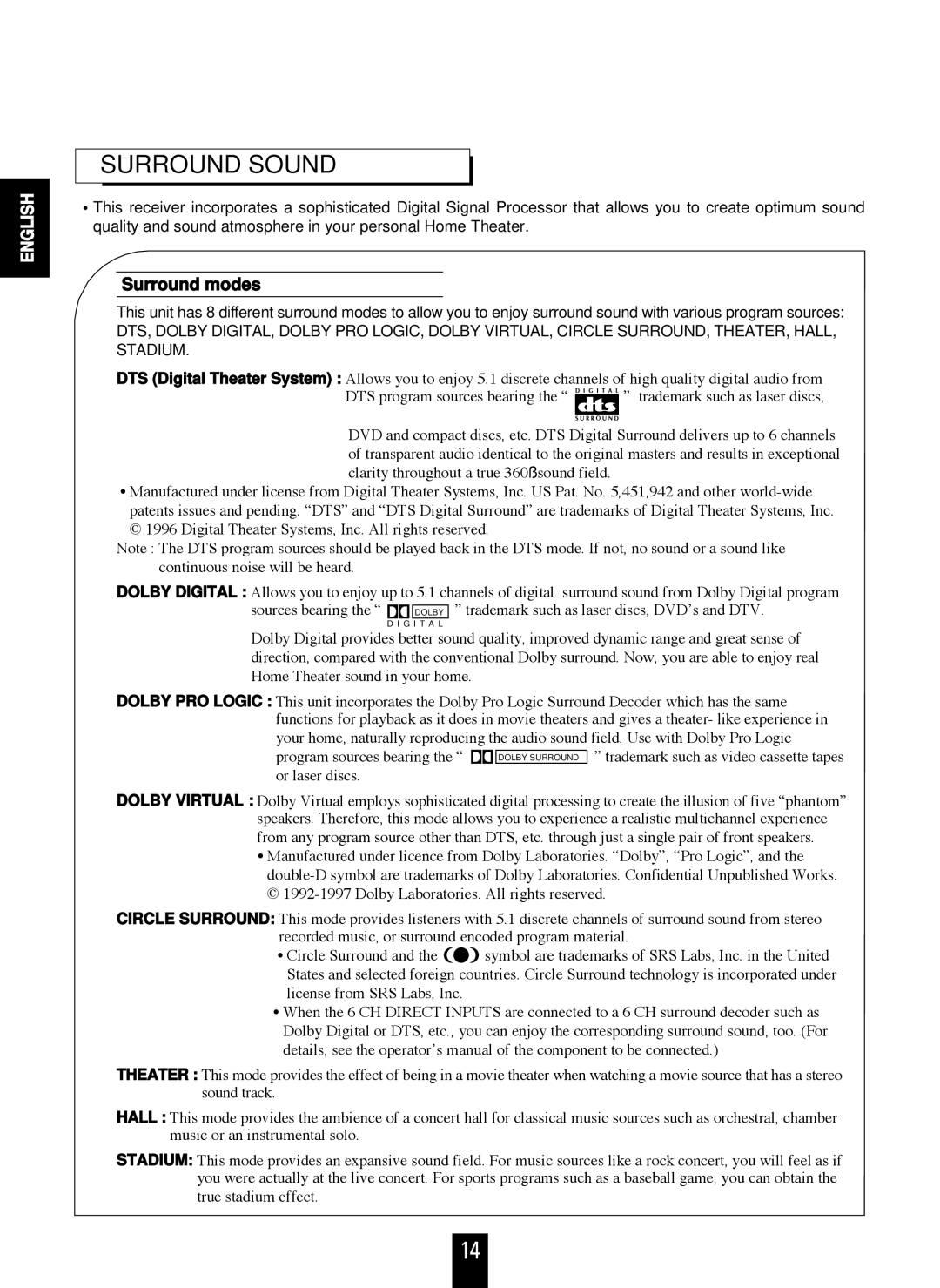 Sherwood RD-7106 manual Surround Sound, Surround modes 