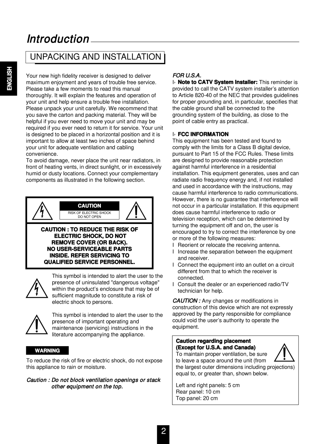 Sherwood RD-7106 manual Introduction, Unpacking and Installation 