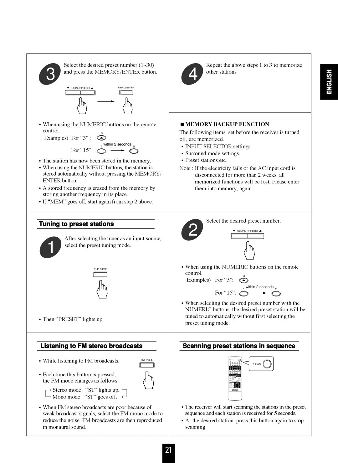 Sherwood RD-7106 manual Tuning to preset stations, Memory Backup Function 