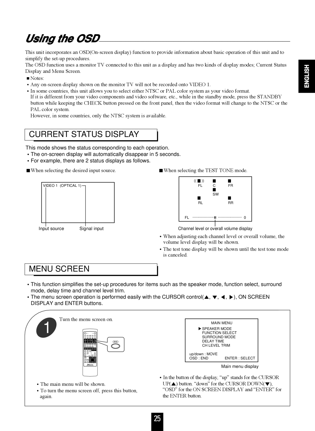 Sherwood RD-7106 manual Using the OSD, Current Status Display, Menu Screen 