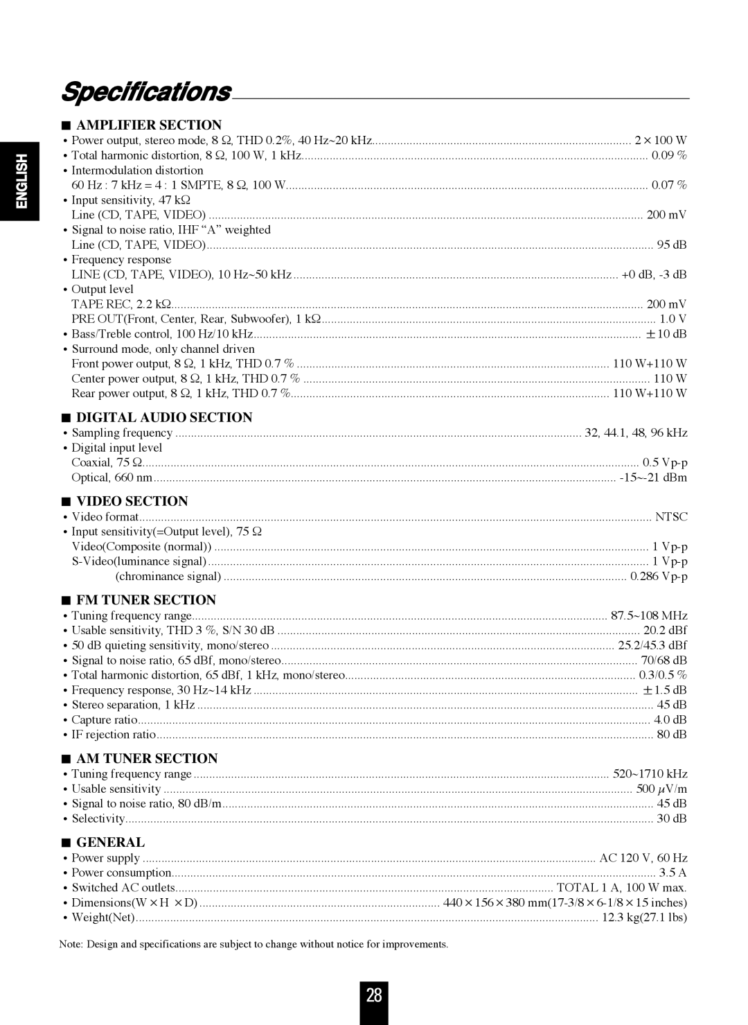 Sherwood RD-7106 manual Specifications, Amplifier Section 