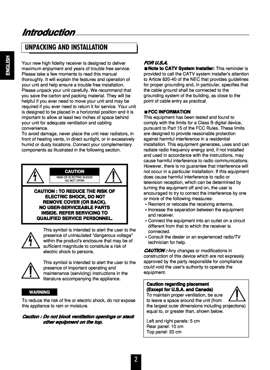 Sherwood RD-7106 Introduction, Unpacking And Installation, English, Caution To Reduce The Risk Of, Electric Shock, Do Not 