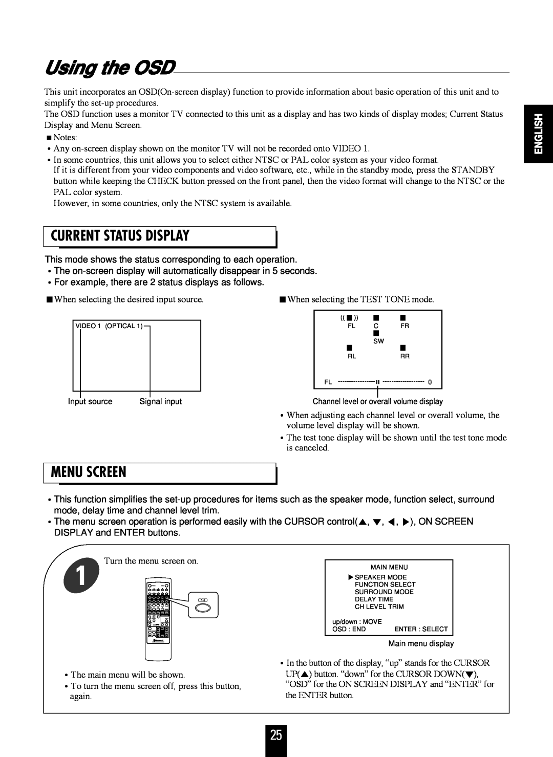 Sherwood RD-7106 manual Using the OSD, Current Status Display, Menu Screen, English 
