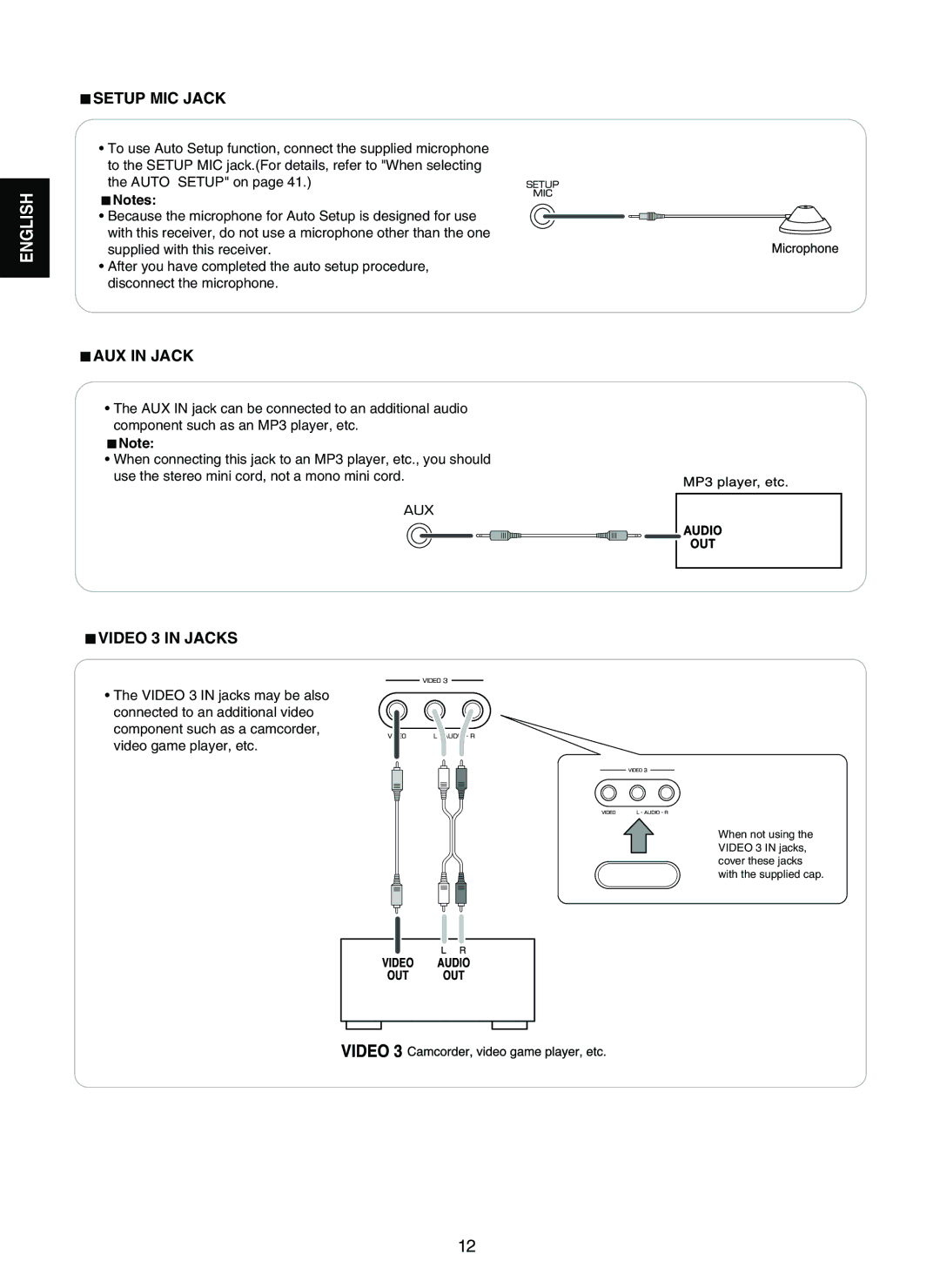 Sherwood RD-7502 manual Setup MIC Jack, AUX in Jack, Video 3 in Jacks 