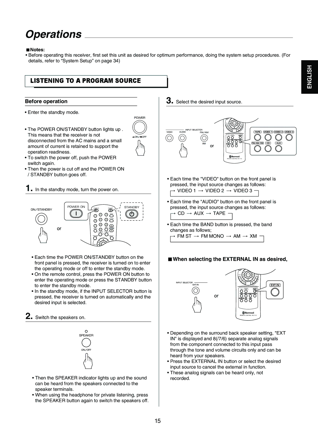 Sherwood RD-7502 manual Operations, Before operation, When selecting the External in as desired 