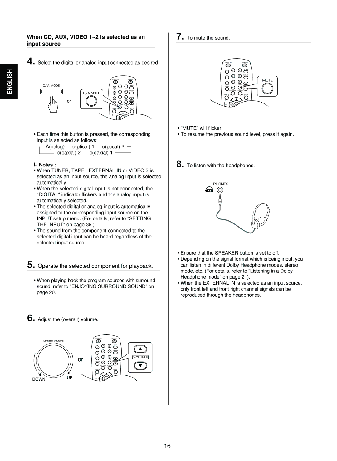 Sherwood RD-7502 manual When CD, AUX, Video 1~2 is selected as an input source, Reproduced through the headphones 