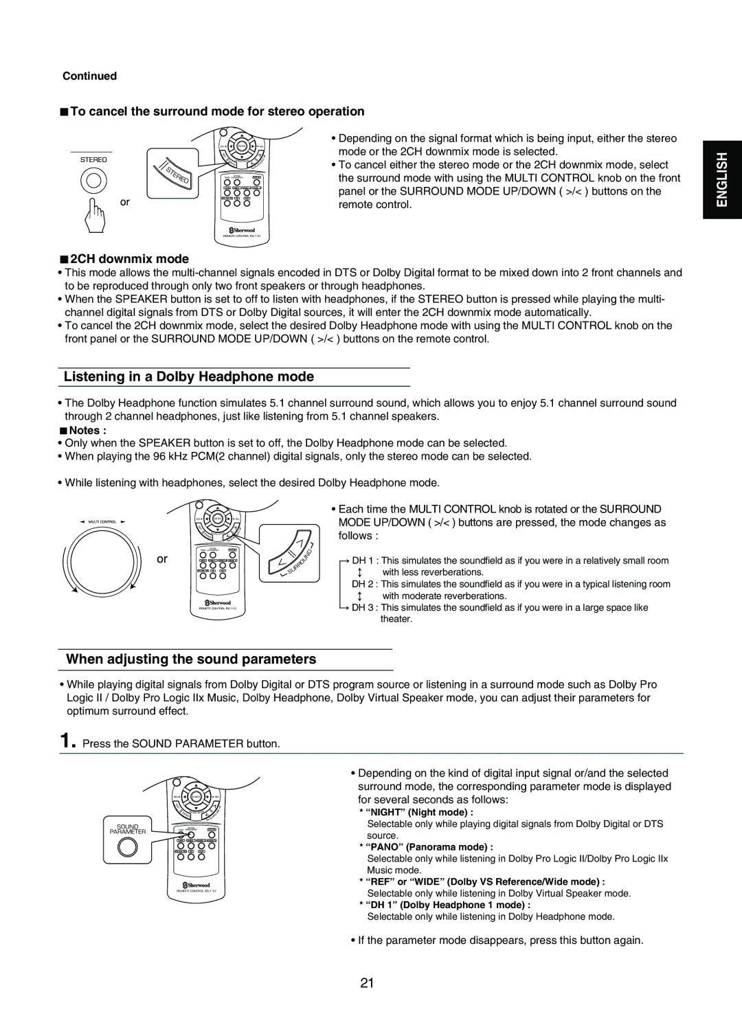 Sherwood RD-7502 manual To cancel the surround mode for stereo operation, 2CH downmix mode 