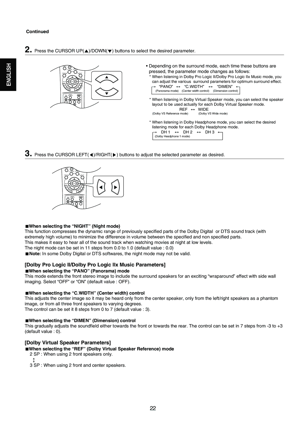 Sherwood RD-7502 manual Dolby Pro Logic II/Dolby Pro Logic IIx Music Parameters, Dolby Virtual Speaker Parameters 