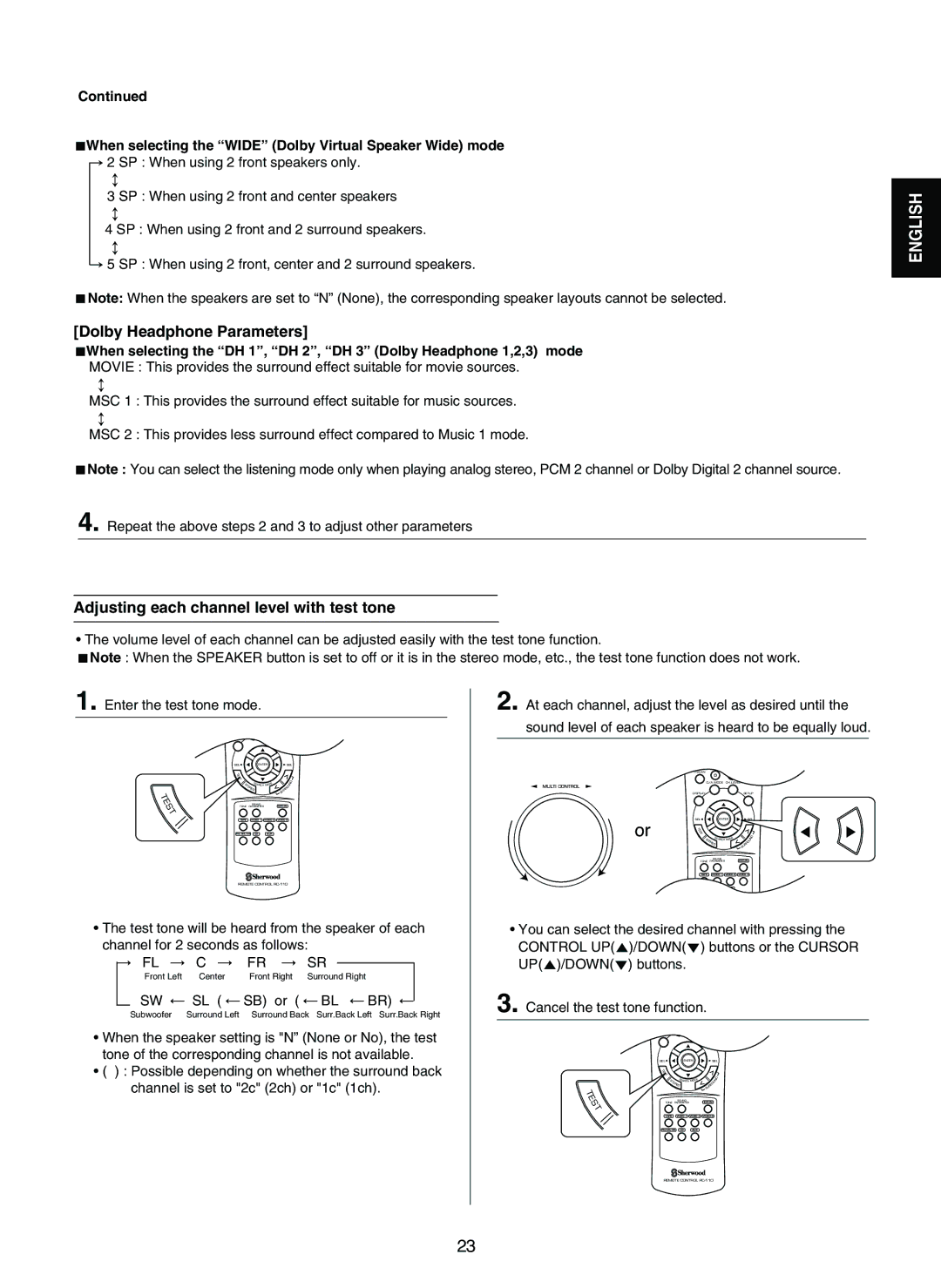 Sherwood RD-7502 Dolby Headphone Parameters, Adjusting each channel level with test tone, Enter the test tone mode, SB or 