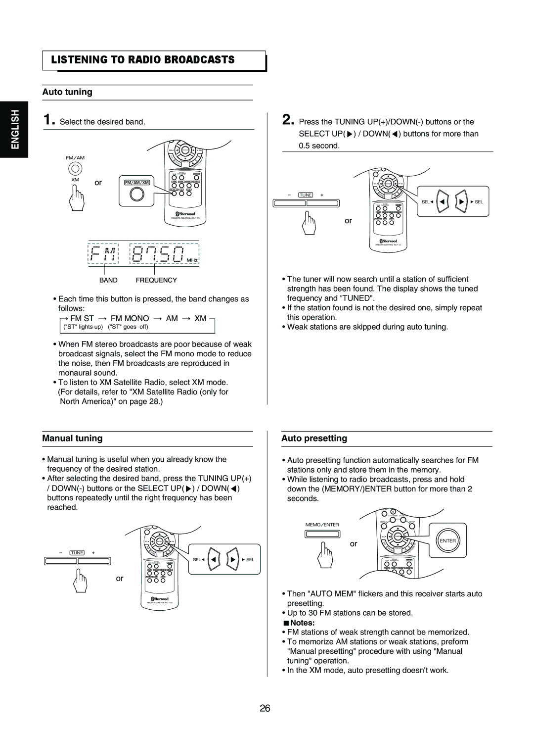 Sherwood RD-7502 manual Listening to Radio Broadcasts, Auto tuning, Manual tuning, Auto presetting, Select UP / Down 