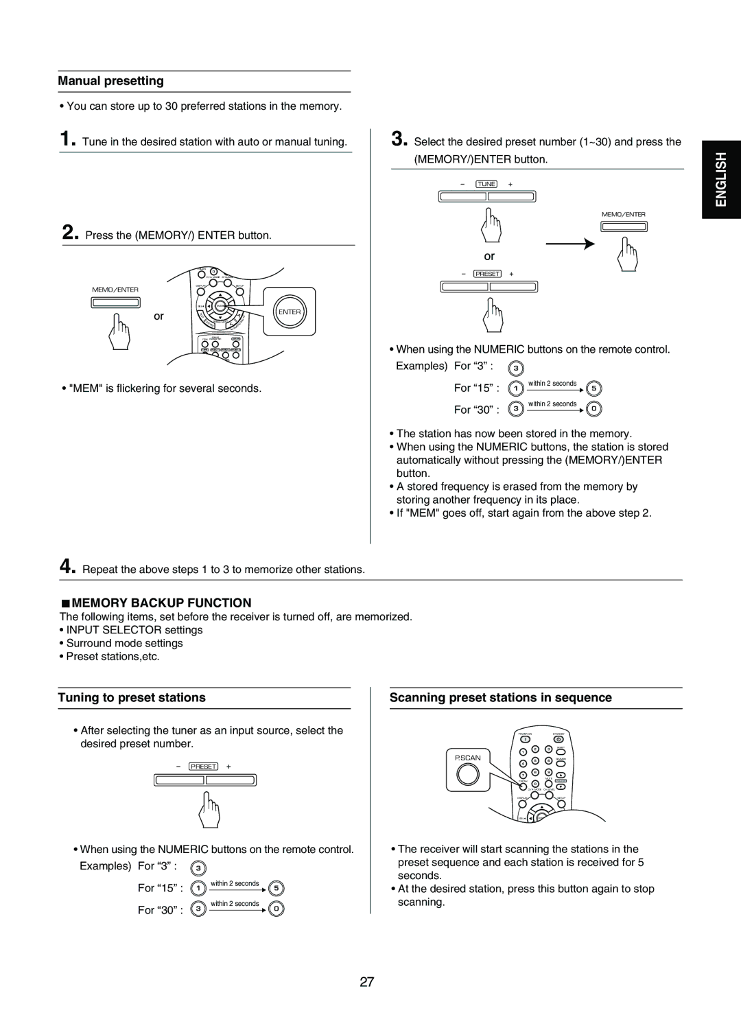 Sherwood RD-7502 manual Manual presetting, Memory Backup Function, Tuning to preset stations 