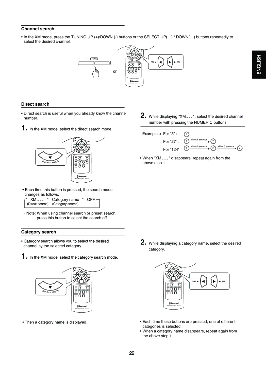 Sherwood RD-7502 manual Channel search, Direct search, Category search, For 27 2 