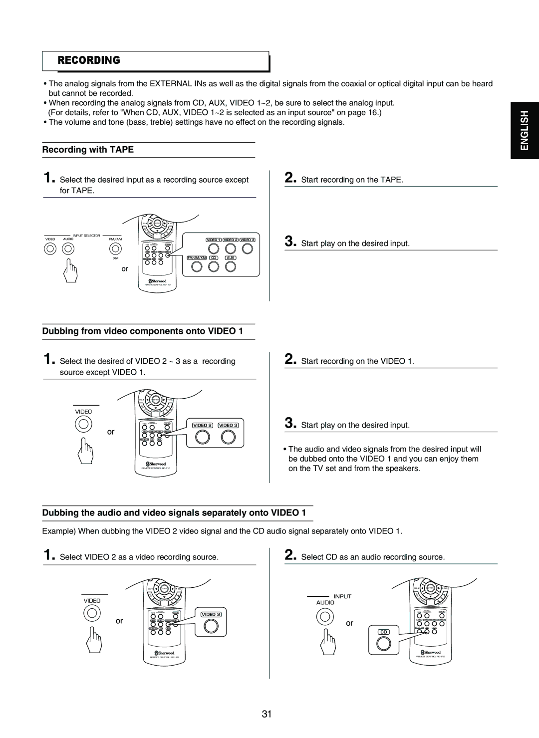 Sherwood RD-7502 manual Recording with Tape, Dubbing from video components onto Video 