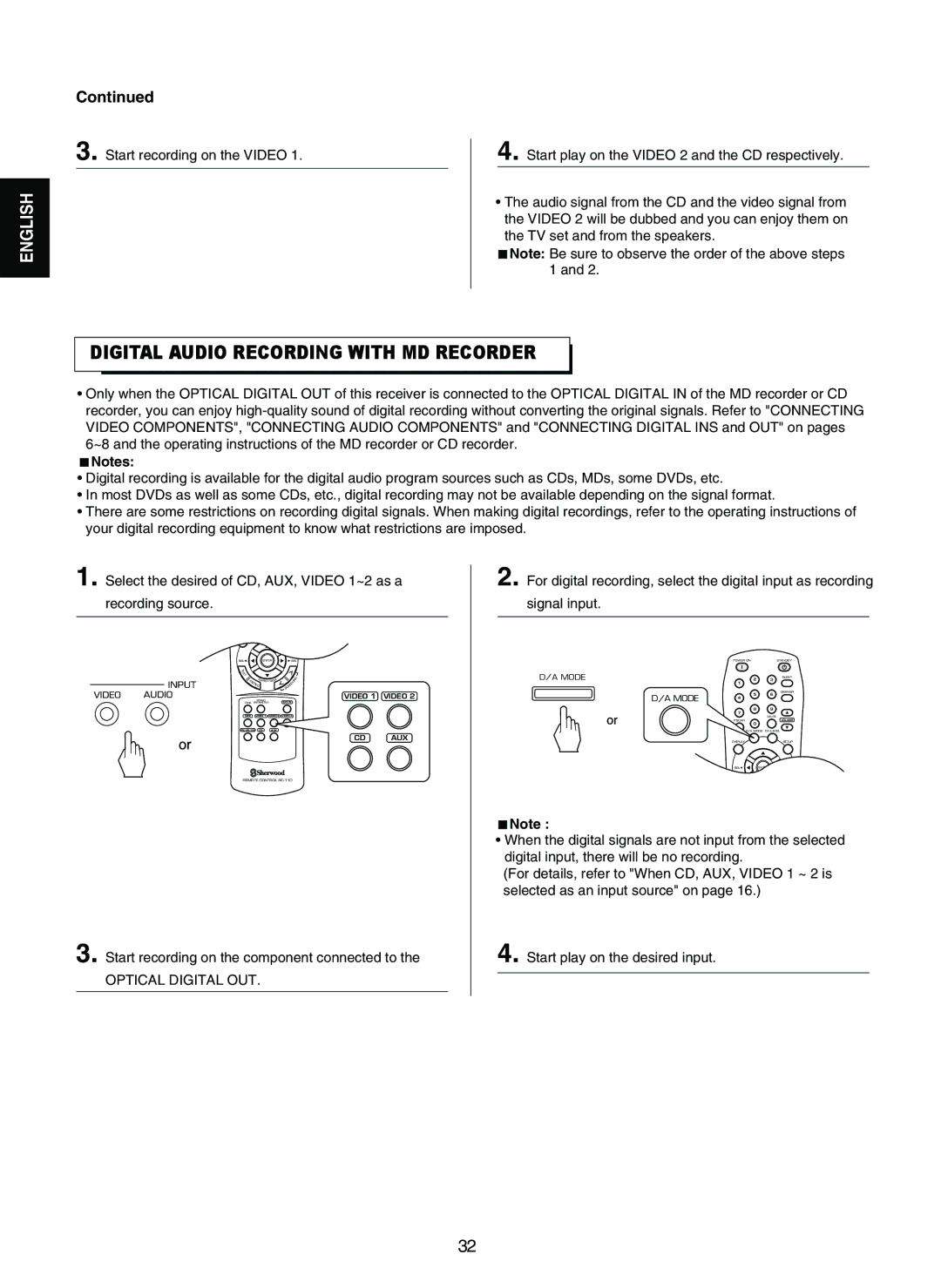 Sherwood RD-7502 manual Digital Audio Recording with MD Recorder, Start recording on the component connected to 