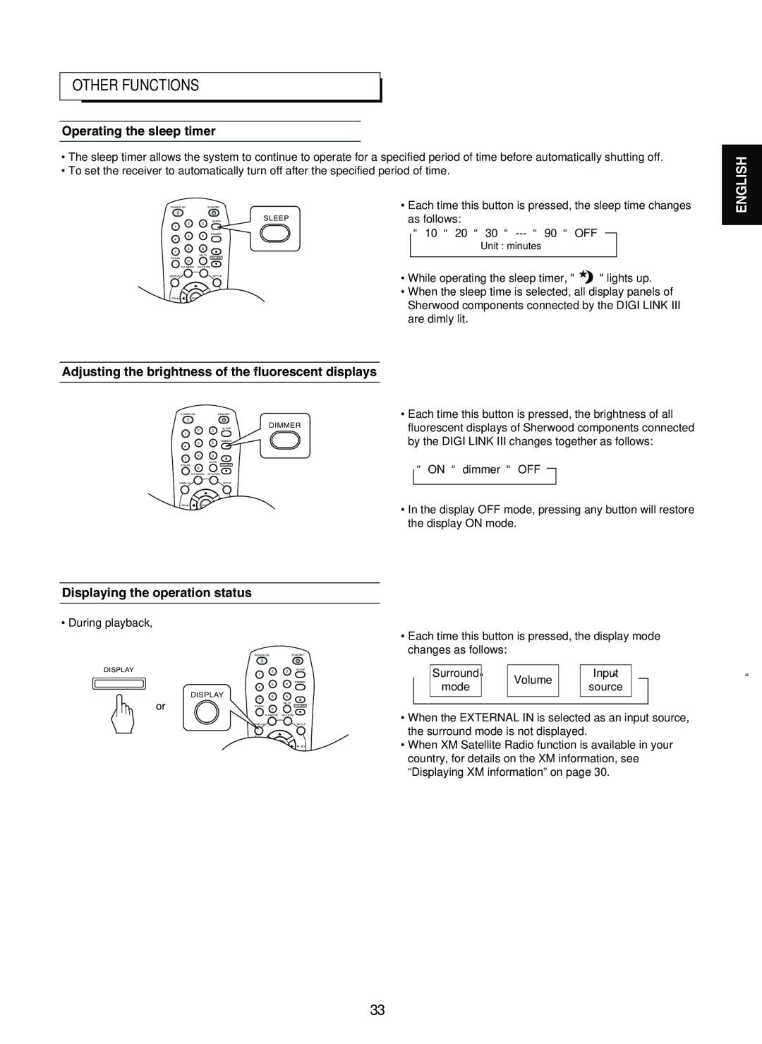 Sherwood RD-7502 Other Functions, Operating the sleep timer, Adjusting the brightness of the fluorescent displays, Off 