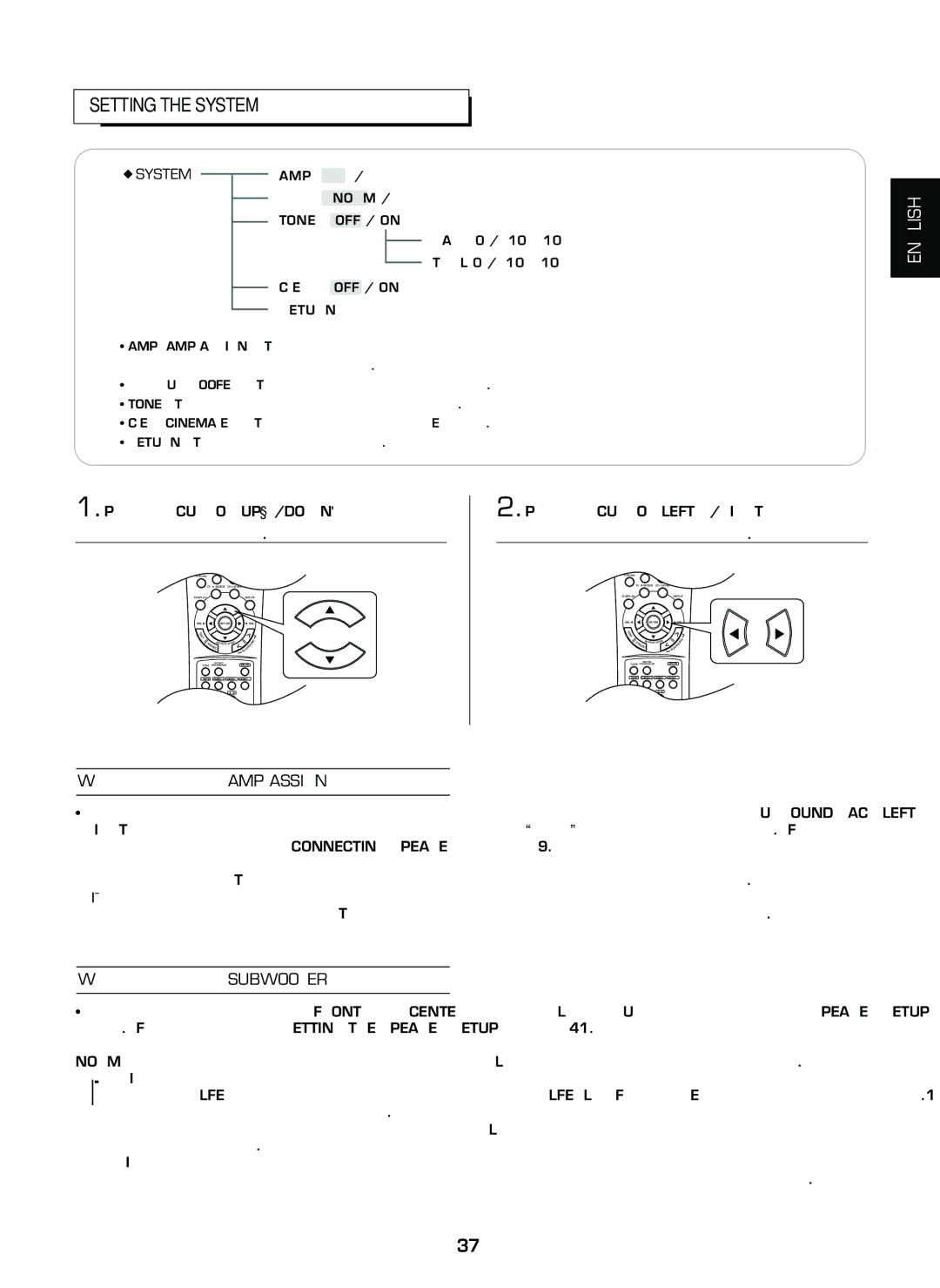 Sherwood RD-7502 manual Setting the System, When selecting the AMP Assign, When selecting the Subwoofer mode 