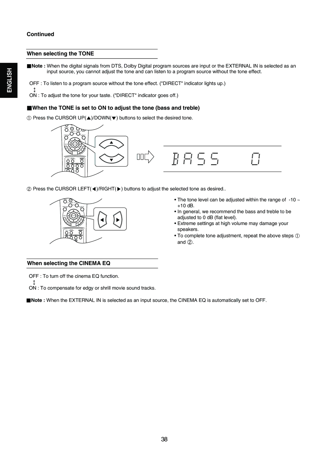 Sherwood RD-7502 manual When selecting the Tone, When selecting the Cinema EQ, Press the Cursor Left /RIGHT 