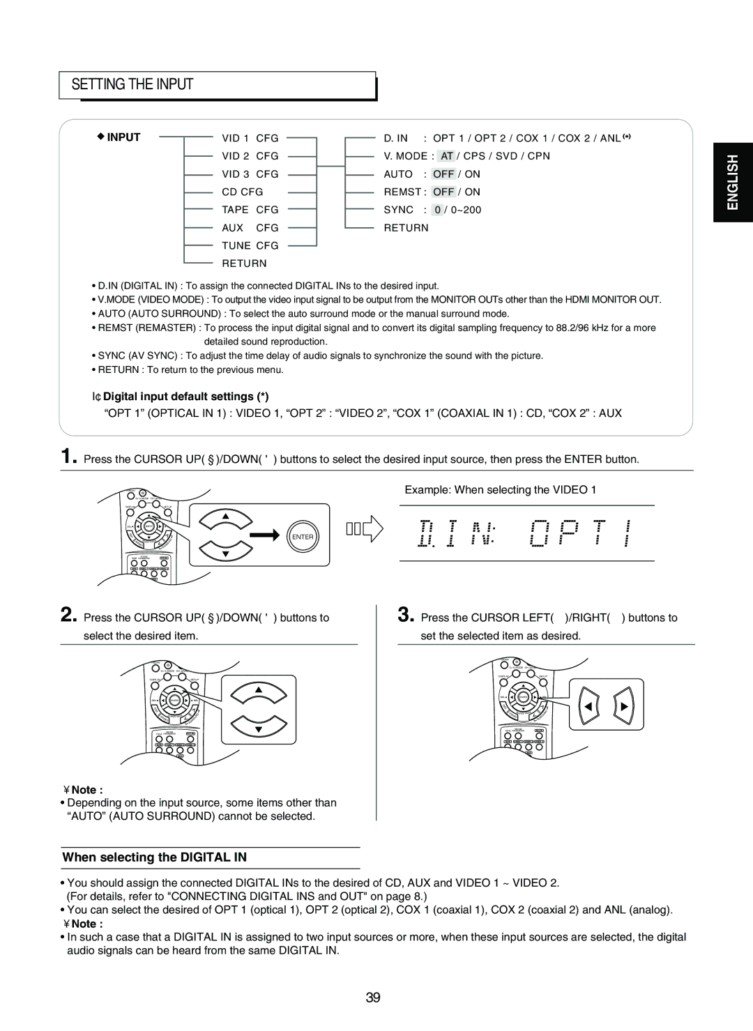 Sherwood RD-7502 manual Setting the Input, When selecting the Digital 