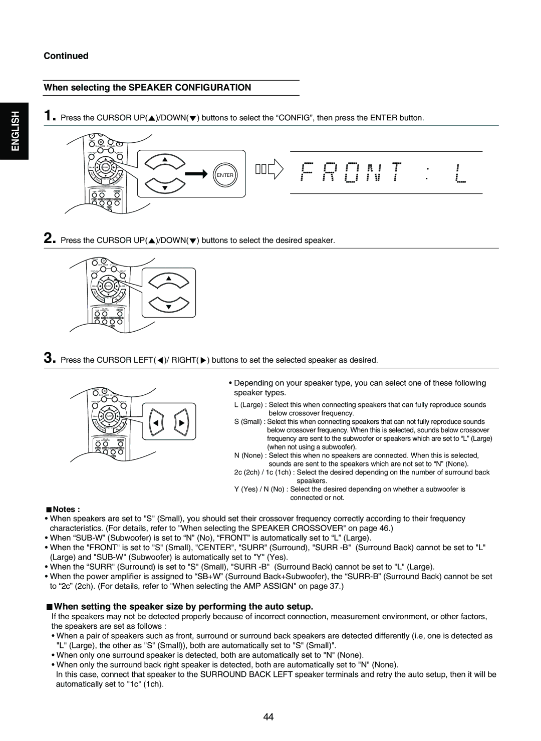 Sherwood RD-7502 When selecting the Speaker Configuration, When setting the speaker size by performing the auto setup 