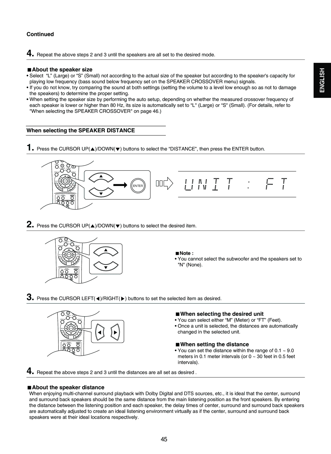 Sherwood RD-7502 manual About the speaker size, When selecting the Speaker Distance, When selecting the desired unit 