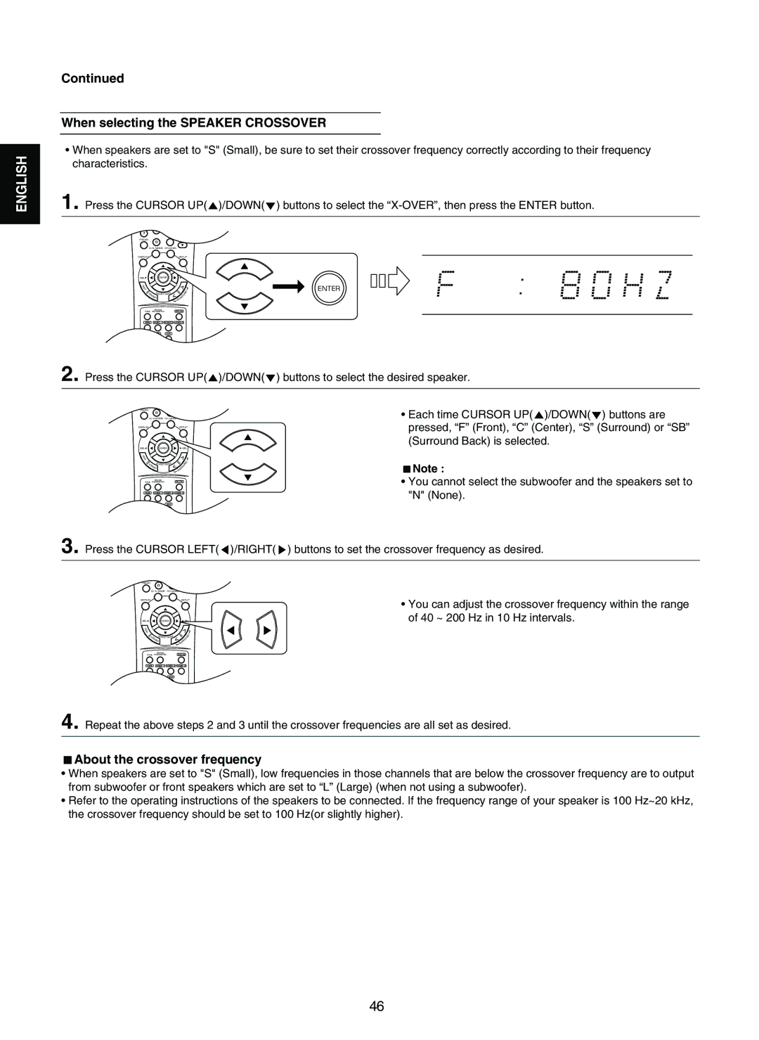 Sherwood RD-7502 manual When selecting the Speaker Crossover, About the crossover frequency, 40 ~ 200 Hz in 10 Hz intervals 