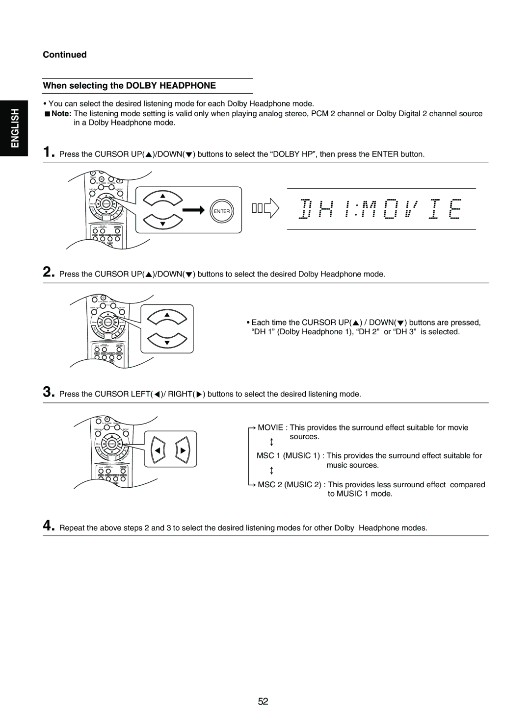 Sherwood RD-7502 manual When selecting the Dolby Headphone, Each time the Cursor UP / Down buttons are pressed 