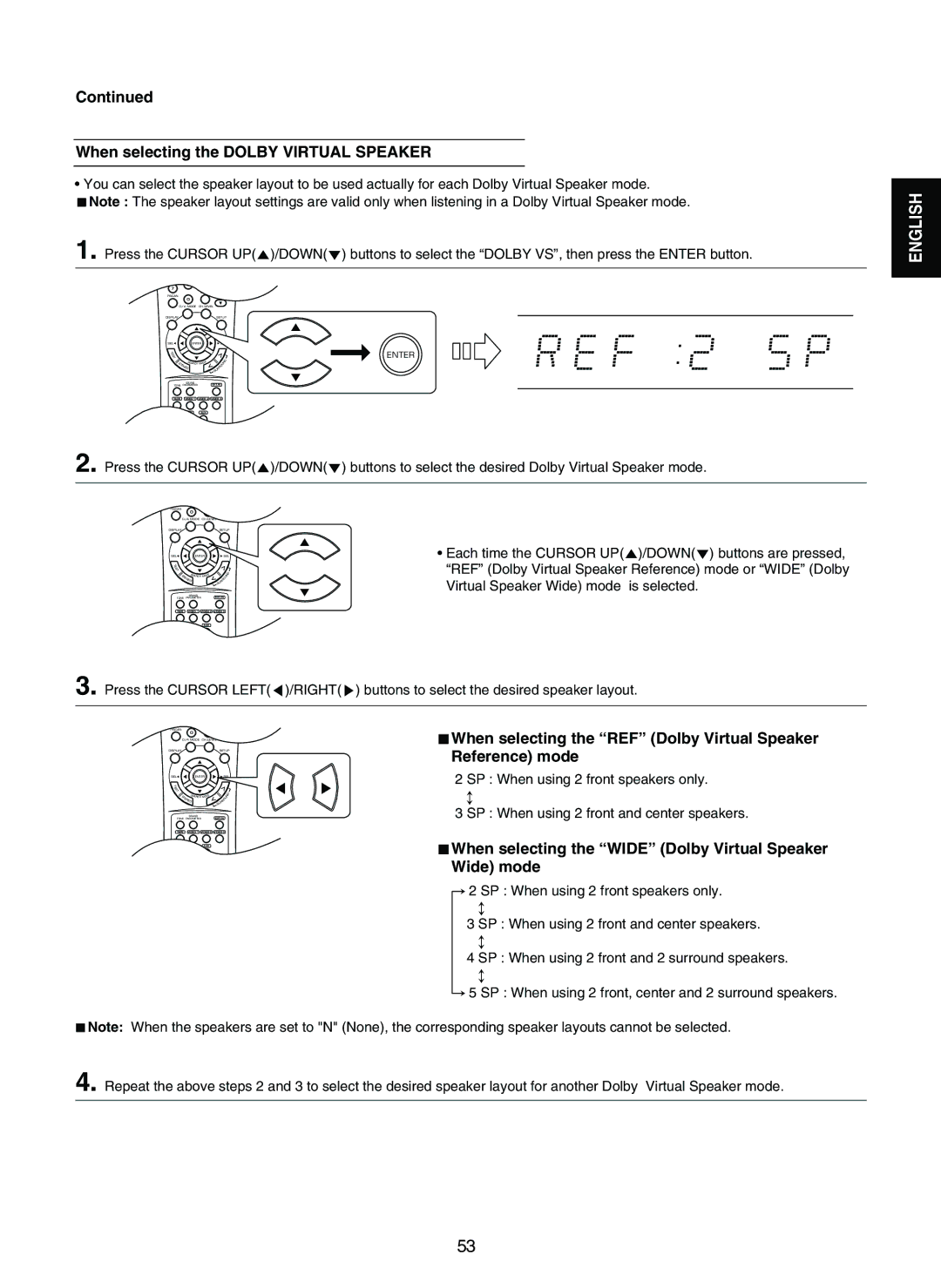 Sherwood RD-7502 When selecting the Dolby Virtual Speaker, When selecting the REF Dolby Virtual Speaker, Reference mode 