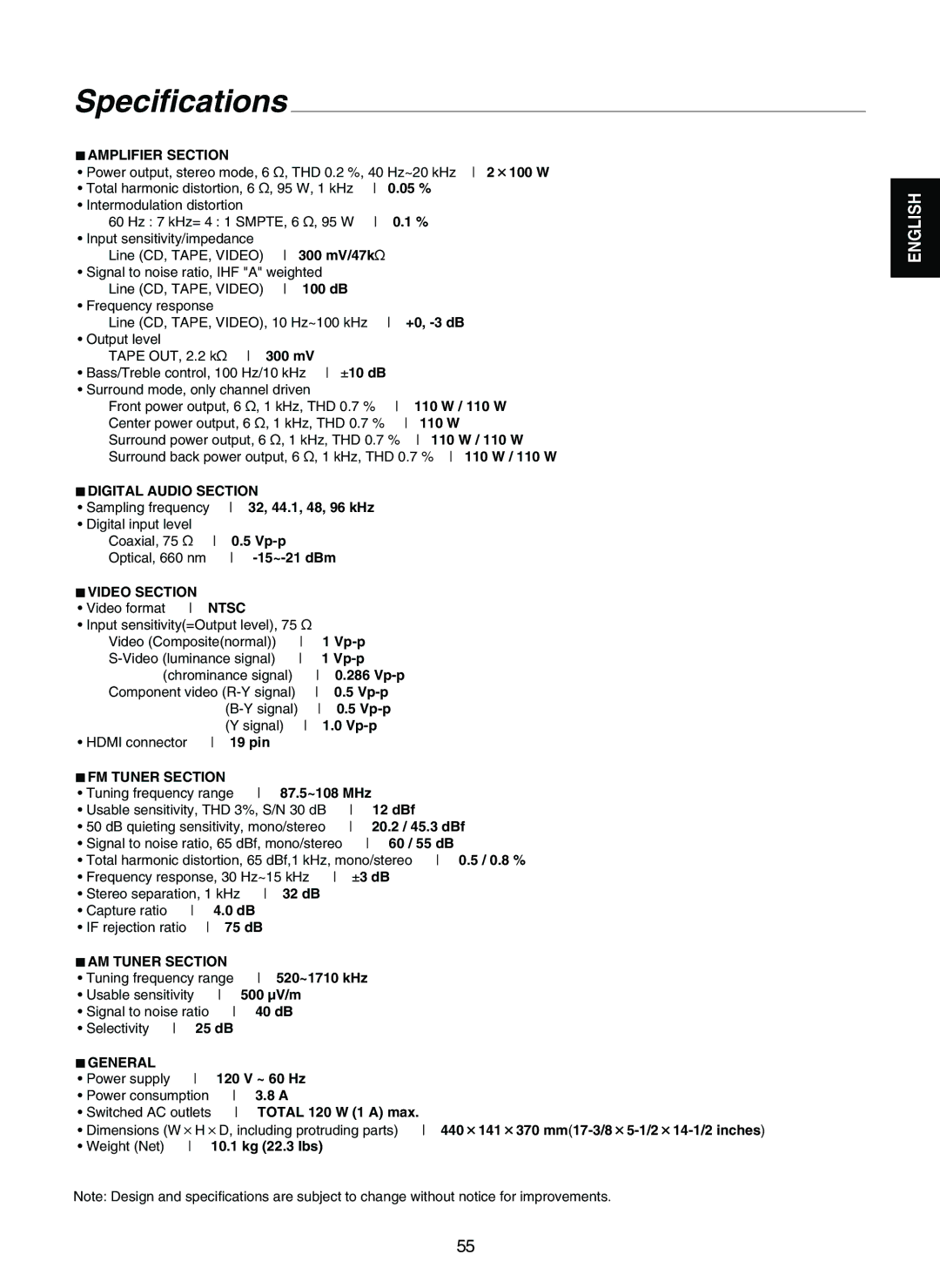 Sherwood RD-7502 manual Specifications 