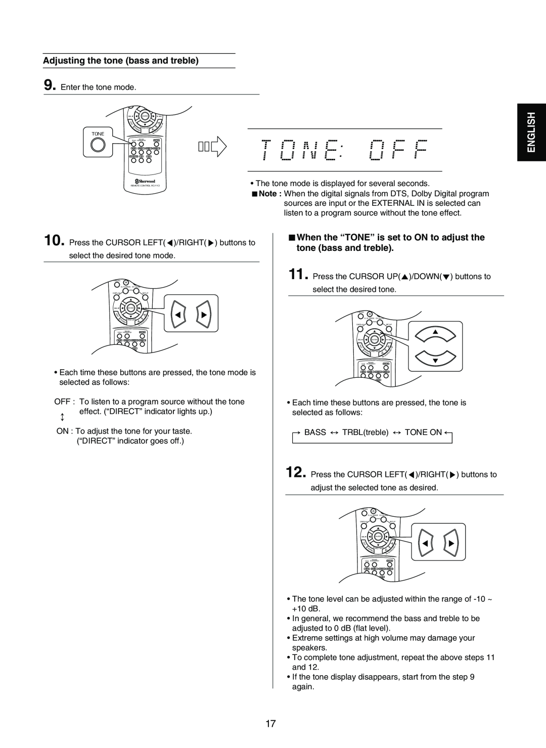 Sherwood RD-7502 manual Adjusting the tone bass and treble, English 