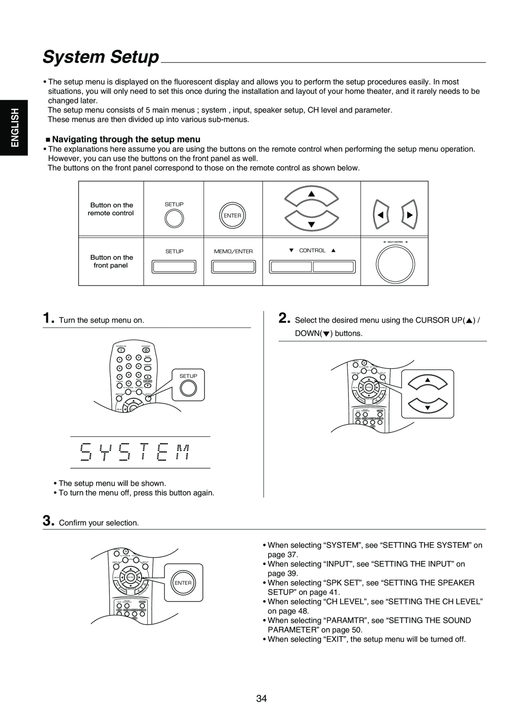 Sherwood RD-7502 manual System Setup, Navigating through the setup menu, English 