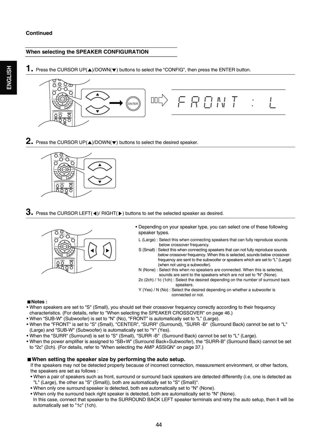 Sherwood RD-7502 manual When selecting the SPEAKER CONFIGURATION, English, Continued 