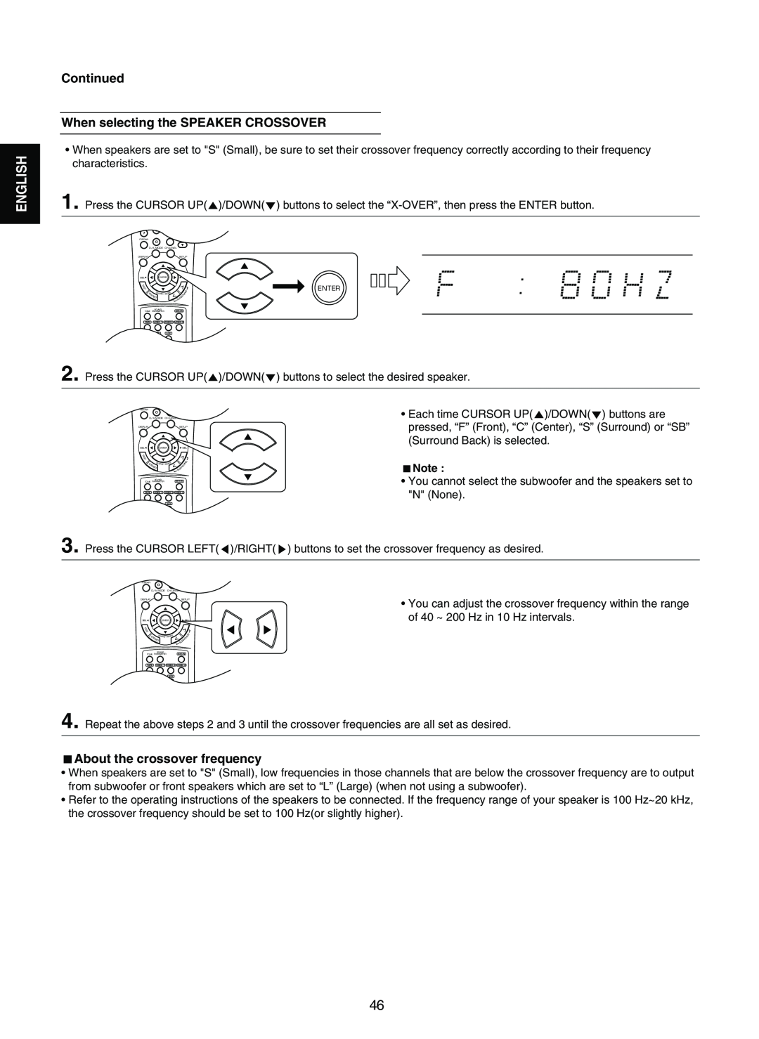 Sherwood RD-7502 manual Continued When selecting the SPEAKER CROSSOVER, About the crossover frequency, English 