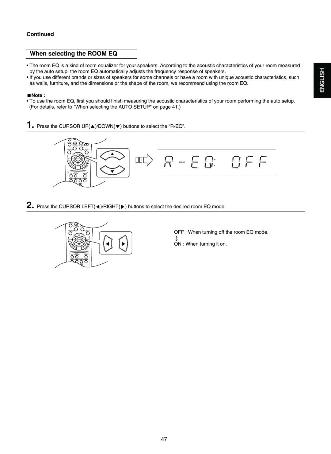 Sherwood RD-7502 manual When selecting the ROOM EQ, Continued, English 