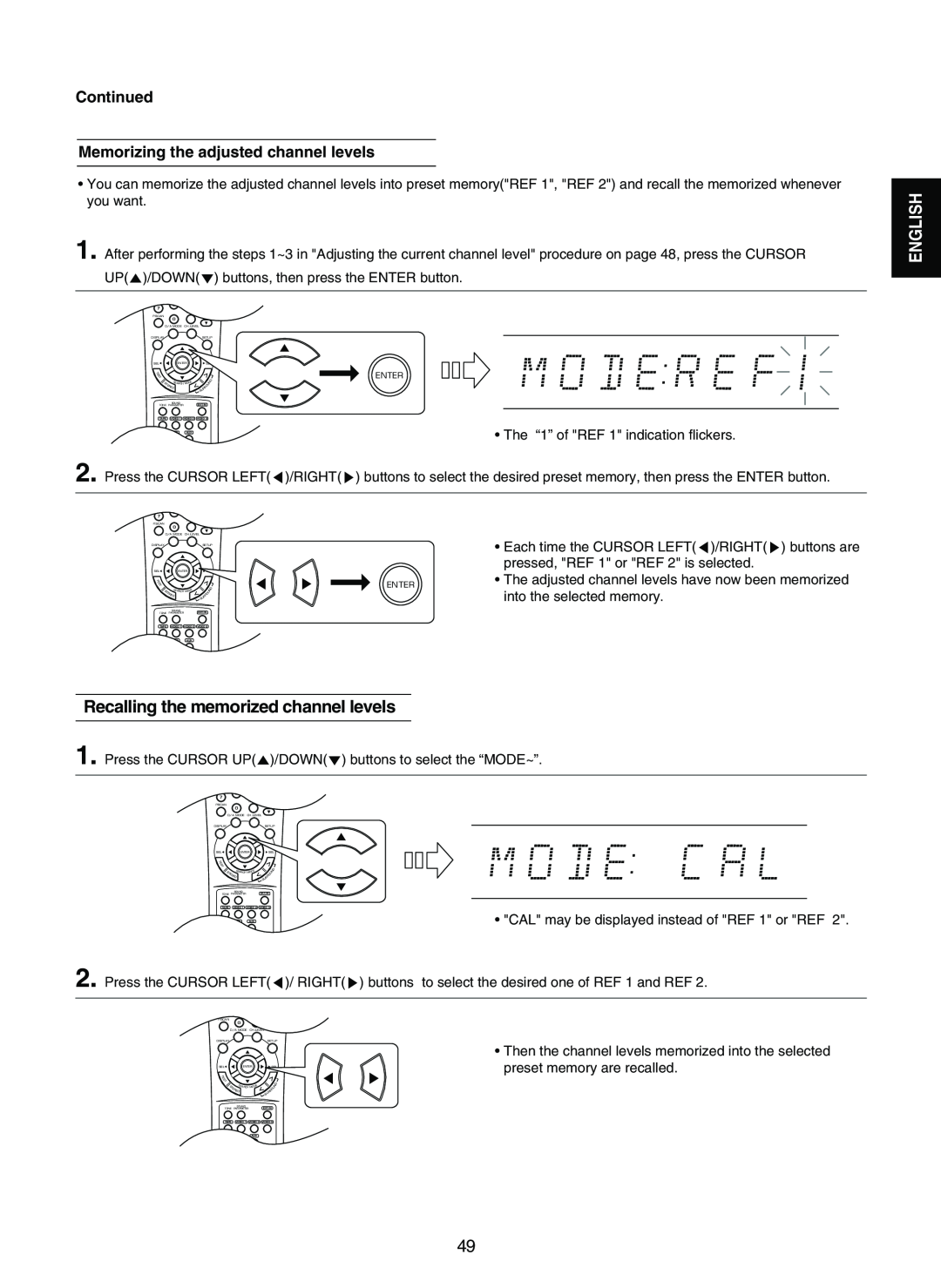 Sherwood RD-7502 manual Recalling the memorized channel levels, Continued Memorizing the adjusted channel levels, English 