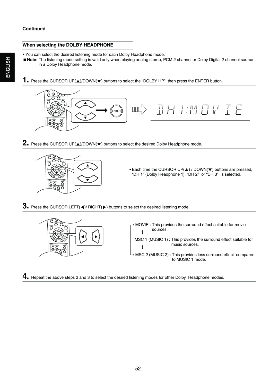 Sherwood RD-7502 manual Continued When selecting the DOLBY HEADPHONE, English 