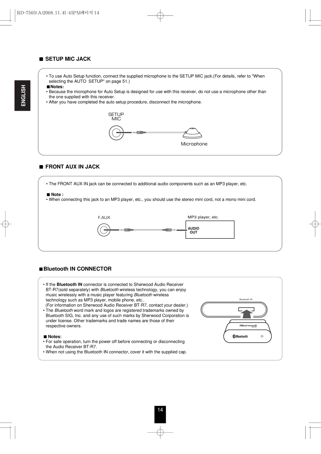 Sherwood RD-7503 manual Setup MIC Jack, Front AUX in Jack, Bluetooth in Connector 