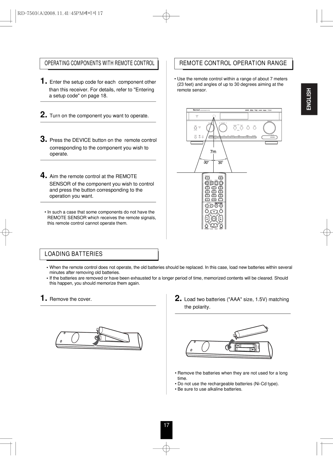 Sherwood RD-7503 manual Loading Batteries 