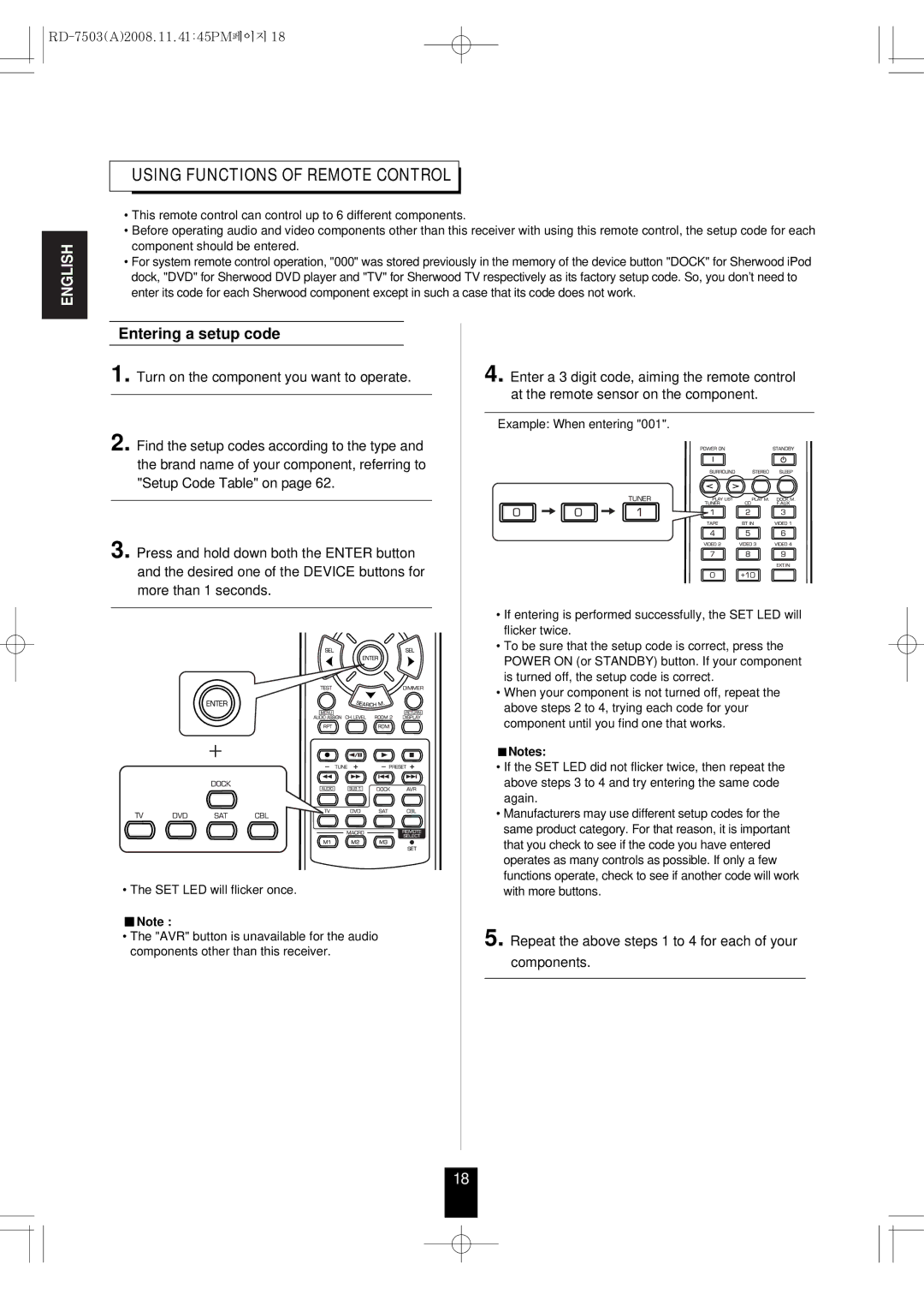 Sherwood RD-7503 manual Entering a setup code, Repeat the above steps 1 to 4 for each of your Components 