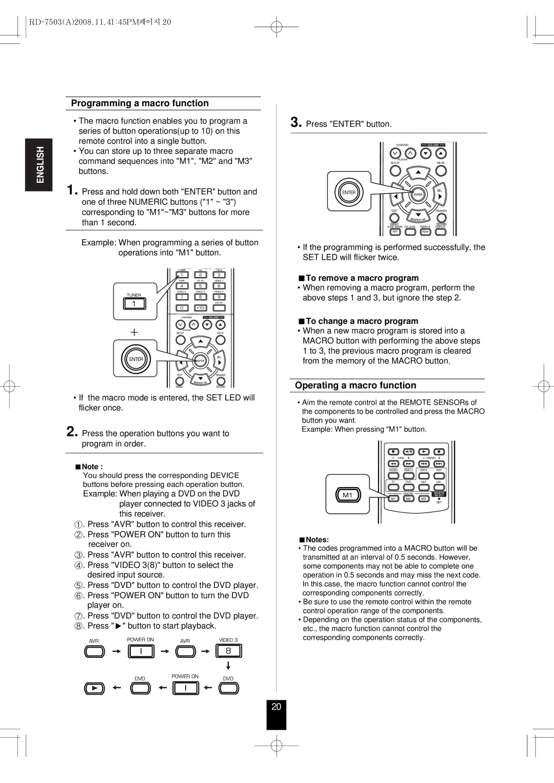 Sherwood RD-7503 manual Programming a macro function, Operating a macro function, To remove a macro program 