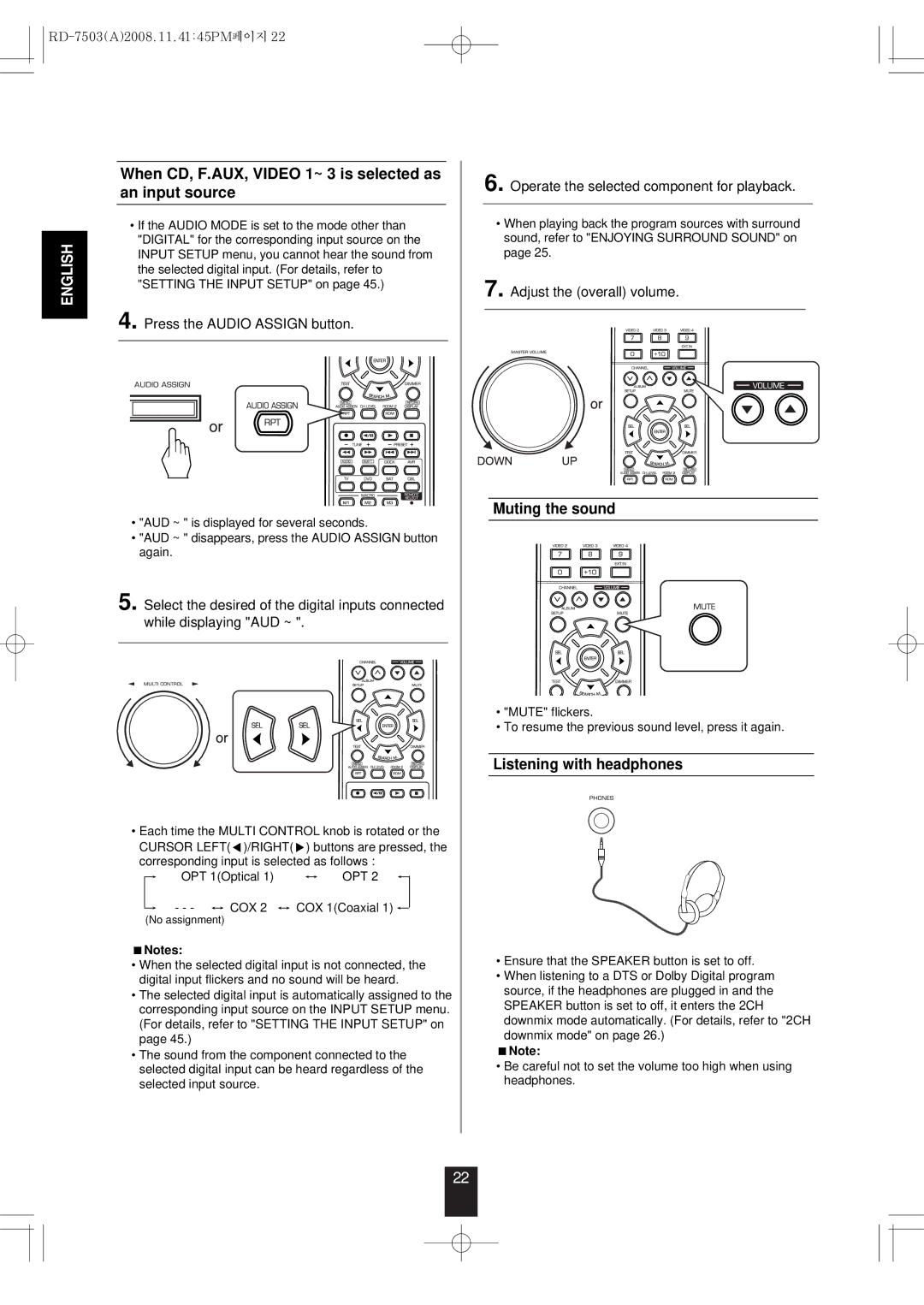 Sherwood RD-7503 When CD, F.AUX, Video 1~ 3 is selected as an input source, Muting the sound, Listening with headphones 