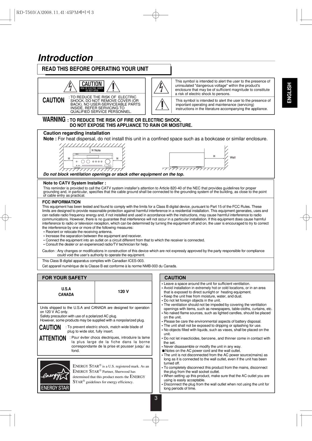 Sherwood RD-7503 manual Introduction, Read this Before Operating Your Unit, 120 