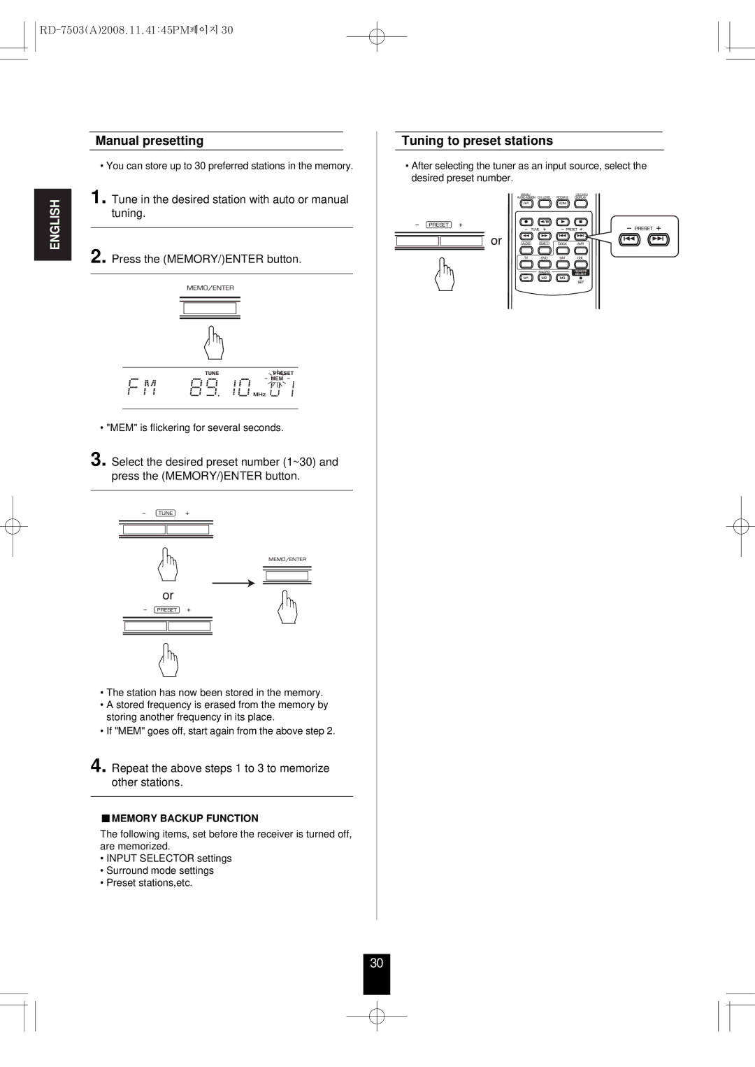 Sherwood RD-7503 manual Manual presetting, Tuning to preset stations, Press the MEMORY/ENTER button 